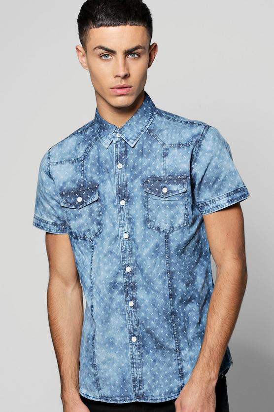 Printed Short Sleeve Denim Shirt